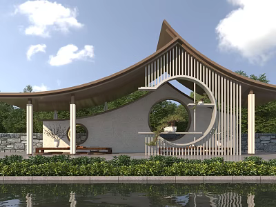 Modern Pavilion With Curved Roof Wooden Lattice And Circular Window By Waterfront Greenery 3d model