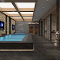 Luxurious SPA Sauna Interior With Stone Walls Wooden Ceiling Skylights And Hot Tub Pool