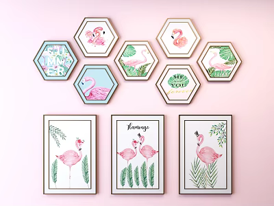 Nordic Animal Painting Internet Red Flamingo Hanging Painting Wall Decoration Combination 3d model