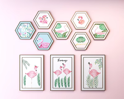 Flamingo Animal Paintings In Hexagon And Rectangle Frames With Green Leaves On Pink Wall 3d model