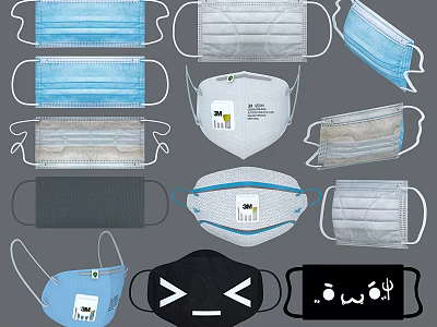 Various Types Of Protective Masks With Surgical Cloth And Patterned Designs In Different Colors 3d model