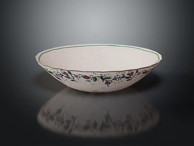 Decorative Tableware Set Featuring White Bowl With Green Rim And Colorful Floral Patterns 3d model