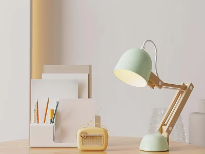 Light Green Desk Lamp With Yellow Vintage Radio And White Pen Holder On Desk 3d model