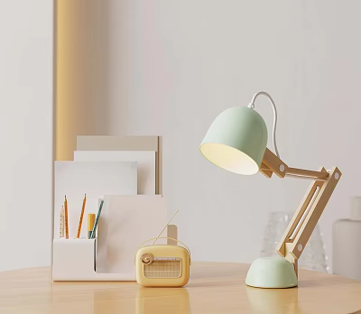 Light Green Desk Lamp With Yellow Vintage Radio And White Pen Holder On Desk 3d model
