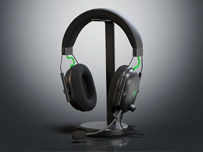 Black Over Ear Gaming Headphones With Comfortable Fit Green Accents Ergonomic Design On Stand 3d model