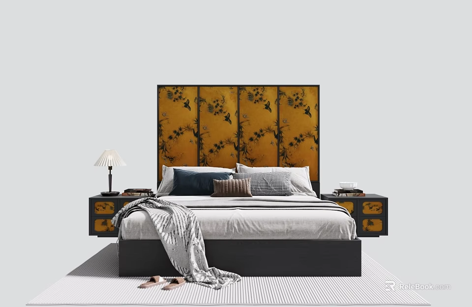 Double Bed With Yellow Headboard Black Floral Patterns Nightstands Table Lamp Pillows And Blanket 3d model 