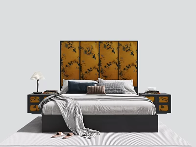 Double Bed With Yellow Headboard Black Floral Patterns Nightstands Table Lamp Pillows And Blanket 3d model