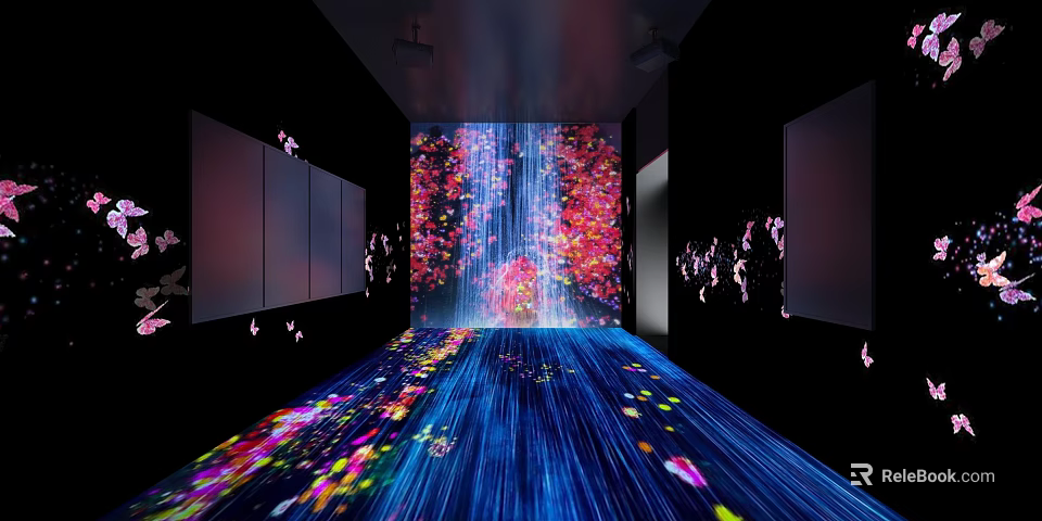 Immersive Art Installation In Dark Space With Colorful Light Effects And Flowing Petal Projections 3d model 
