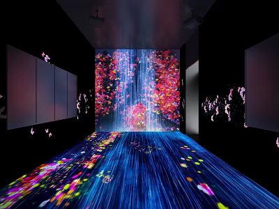 Immersive Art Installation In Dark Space With Colorful Light Effects And Flowing Petal Projections 3d model