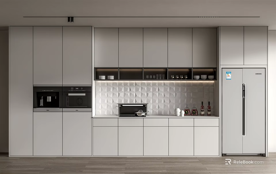 Modern Light Gray Kitchen With Built in Appliances Countertop Tile Backsplash And Cabinets 3d model 