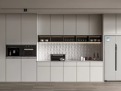 Modern Light Gray Kitchen With Built in Appliances Countertop Tile Backsplash And Cabinets 3d model