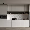 Modern Light Gray Kitchen With Built in Appliances Countertop Tile Backsplash And Cabinets