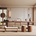 Japanese Style Tea Room Interior Design With Wooden Long Table Tea Sets And Round Stools