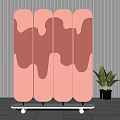 Pink Multi Panel Room Divider With Wavy Pattern On Wheeled Base Next To Potted Plant 3d model