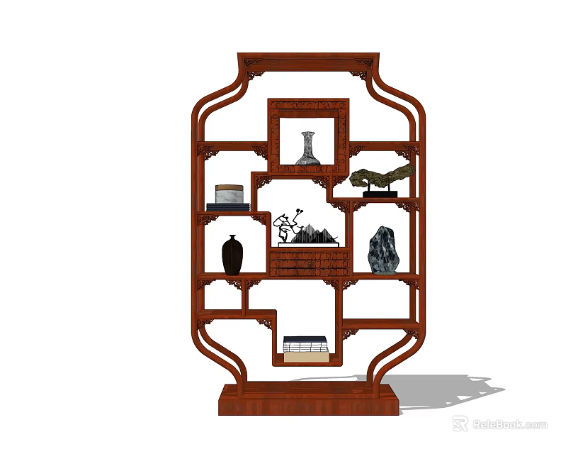Traditional Chinese Wooden Curio Shelf with Vase Decorative Items and Books 3d model 