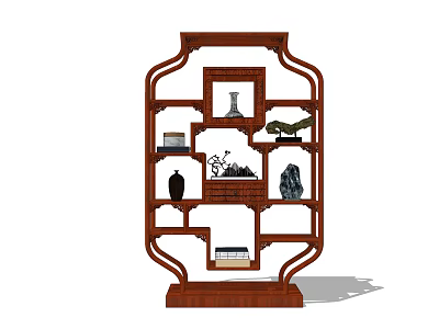 Traditional Chinese Wooden Curio Shelf with Vase Decorative Items and Books 3d model