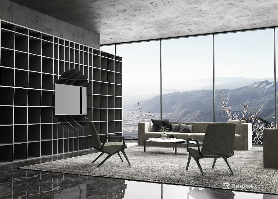 Modern Living Room Sofa Coffee Table Set With Armchairs Large Windows And Mountain View 3d model 