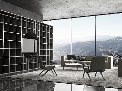 Modern Living Room Sofa Coffee Table Set With Armchairs Large Windows And Mountain View 3d model