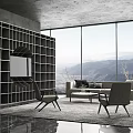 Modern Living Room Sofa Coffee Table Set With Armchairs Large Windows And Mountain View