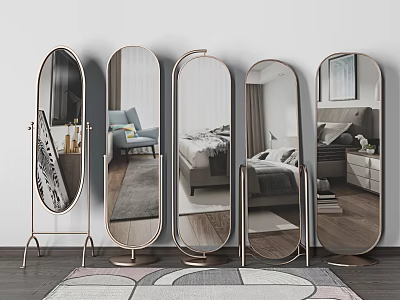 Stylish Floor Mirrors With Various Designs Metal Stands Reflecting Room Interiors 3d model