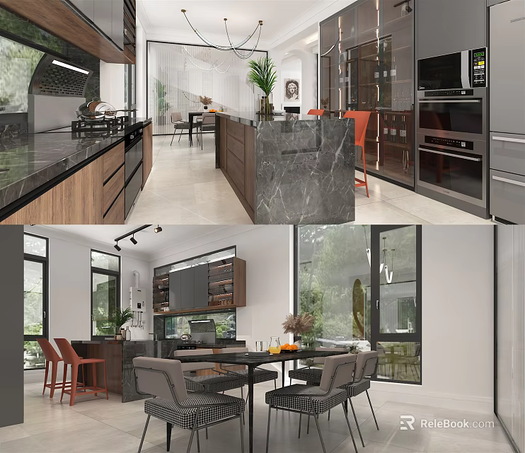 Modern Restaurant Interior With Open Design Marble Island Dining Table And Chairs 3d model 