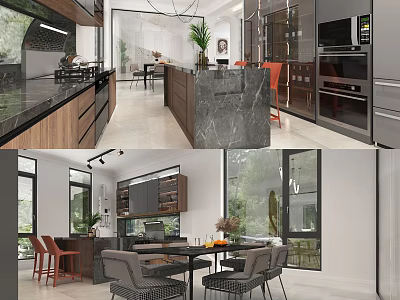 Modern Restaurant Interior With Open Design Marble Island Dining Table And Chairs 3d model