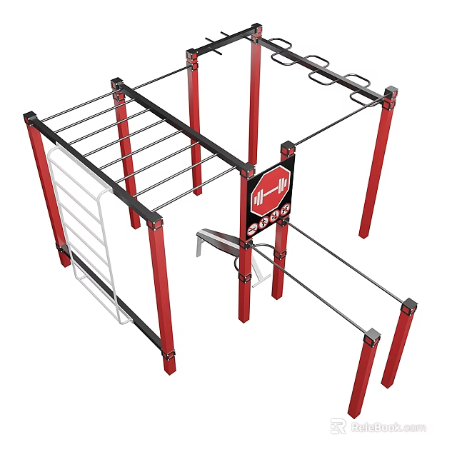 Outdoor Multifunctional Sports Equipment With Red Frame Black Bars Pull Up Bars And Parallel Bars 3d model 
