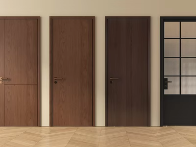 Contemporary Interior Design Showcasing Multiple Wooden Hinged Doors And Black Glass Grid Door 3d model