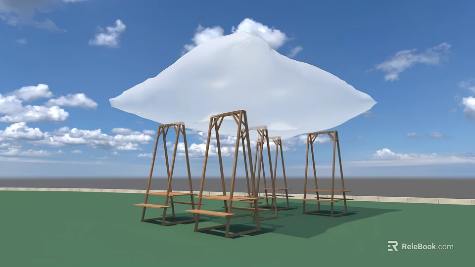 White Cloud Like Art Installation With Wooden Swing Frames Under Blue Sky On Green Ground 3d model 