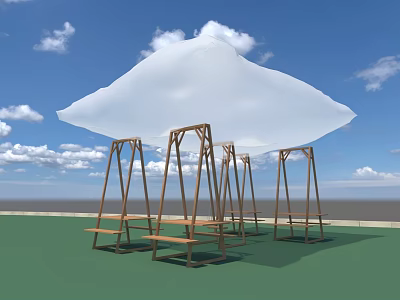 White Cloud Like Art Installation With Wooden Swing Frames Under Blue Sky On Green Ground 3d model