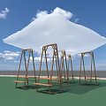 White Cloud Like Art Installation With Wooden Swing Frames Under Blue Sky On Green Ground