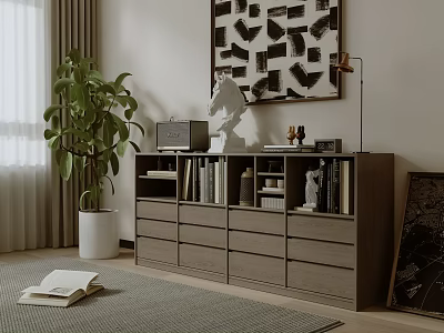 Entryway Console Cabinet Modern Minimalist Style With Drawers Open Shelves Decorative Painting Green Plant 3d model