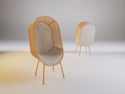 Modern Leisure Chair with Rattan Frame Light Gray Cushion and Wooden Legs 3d model
