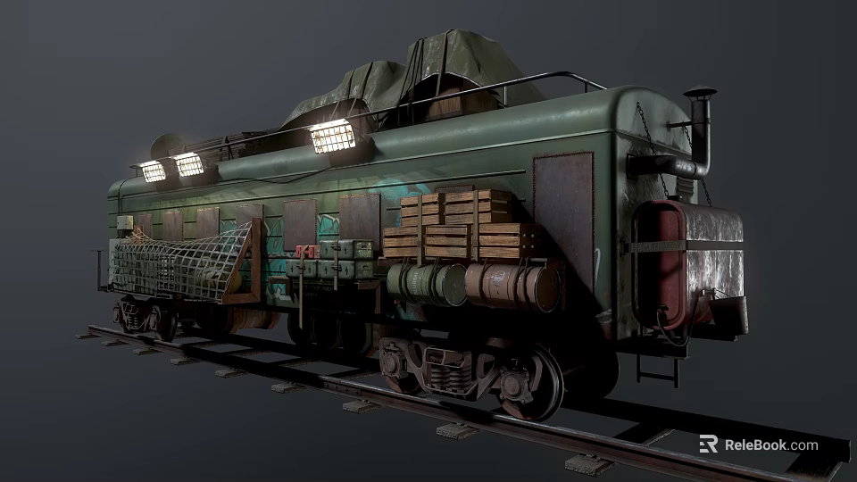Vintage Green Train Car Featuring Tarpaulin Cover Wooden Crates Barrels And Overhead Lights On Tracks 3d model 