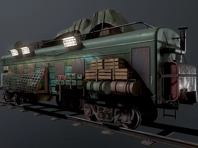 Vintage Green Train Car Featuring Tarpaulin Cover Wooden Crates Barrels And Overhead Lights On Tracks 3d model