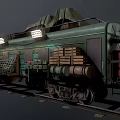 Vintage Green Train Car Featuring Tarpaulin Cover Wooden Crates Barrels And Overhead Lights On Tracks