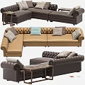 Brown Leather Tufted Sofa With Soft Pillows And Wooden Side Table In Living Room