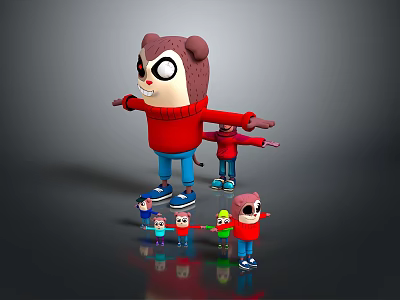 Cartoon Bear Character In Red Sweater Standing With Outstretched Arms And Smaller Characters 3d model