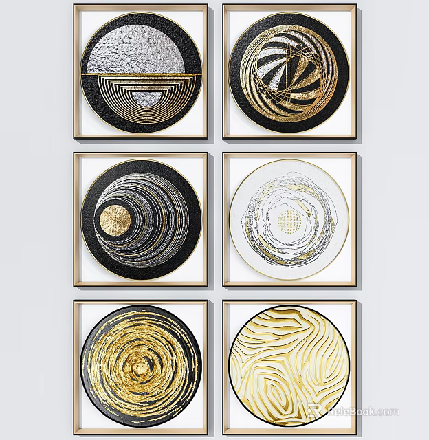Modern Round Decorative Wall Art With Gold Black White Spiral Patterns And Frames 3d model