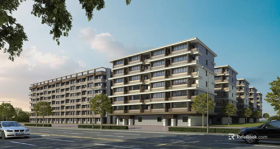Modern Multi Storey Residential Building With Numerous Windows Balconies And Surrounding Trees 3d model 