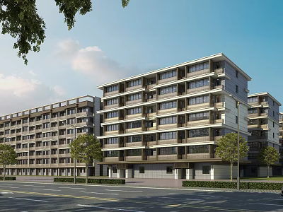 Modern Multi Storey Residential Building With Numerous Windows Balconies And Surrounding Trees 3d model