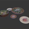 Traditional Asian Cuisine Dishes With Leaf Wrapped Food And Colorful Ingredients On Wooden White Plates