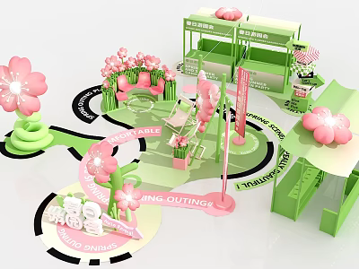 Inflatable Cherry Blossom Decorations With Green Pink Booth Path And Sign For Event 3d model