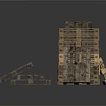 Wooden Pallets Stacked And Scattered With Silhouette Figure Standing Next To
