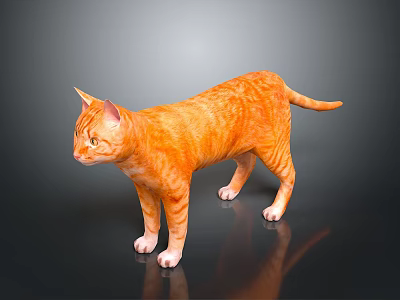 Orange Tabby Cat Standing Looking to Side on Black Shiny Surface with Reflection 3d model