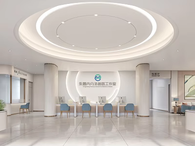 Modern Bright Hotel Lobby Interior With Circular Ceiling Reception Desk And Blue Chairs 3d model