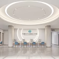 Modern Bright Hotel Lobby Interior With Circular Ceiling Reception Desk And Blue Chairs