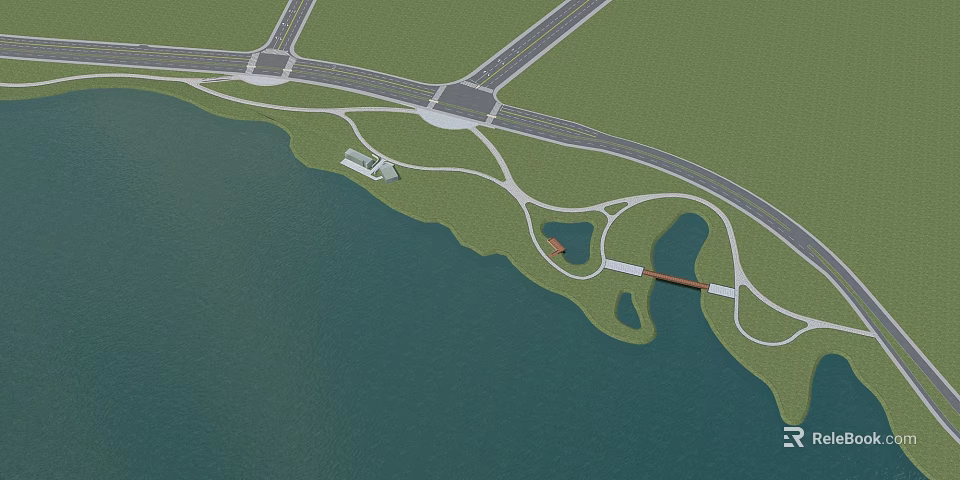 Aerial View Planning With Waterfront Roads Green Spaces And Recreational Facilities 3d model 