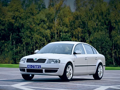 White Sedan Parked In Scenic Parking Lot With Green Forest Background 3d model