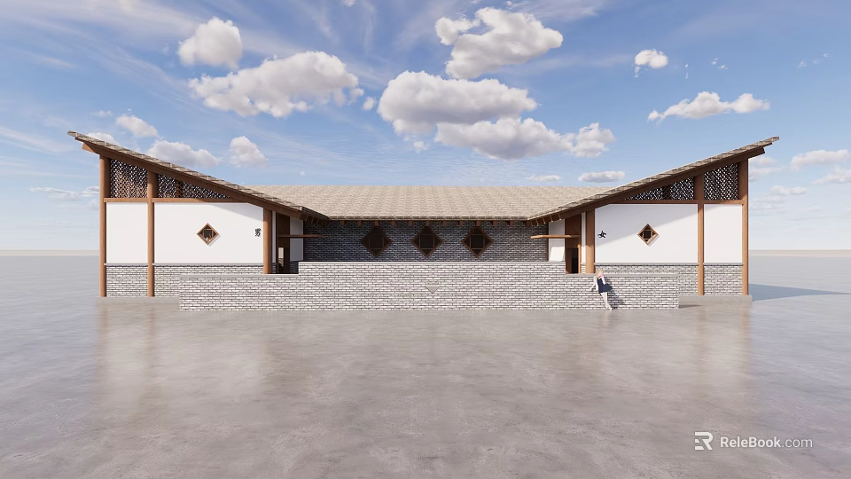 Traditional Garden Landscape With Courtyard Architecture Wooden Frames And Stone Pavement 3d model 